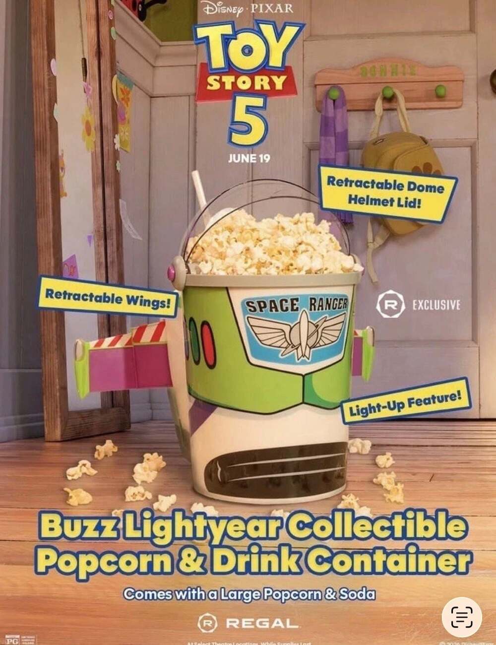 Toy Story 5 Buzz Lightyear Light Up Popcorn Bucket Wings Pop Out Regal Exclusive